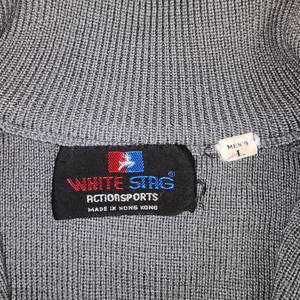 Vintage White Stag Grey Wool Blend Quarter Zip Pullover Sweater Size L - Picture 4 of 7